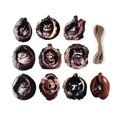 10Pcs UV Single Face Printed Wood Animal in Nest Pendant Decorations WOOD-N020-15-1