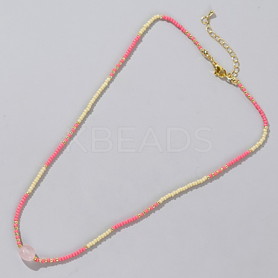 Summer Beach Style Natural Rose Quartz & Colorful Seed Beads Beaded Necklace for Women KD2923-4-1