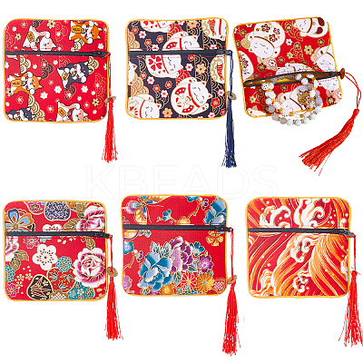 6Pcs 6 Styles Square Cloth Jewelry Packing Pouches Drawstring Bags with Tassel ABAG-WR0001-05-1