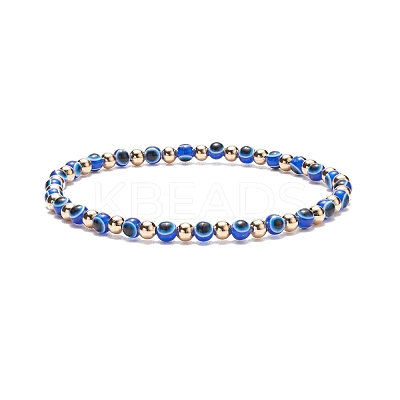 Resin Evil Eye Round Beaded Stretch Bracelet with Brass Beads for Women BJEW-JB08095-1