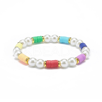 Polymer Clay Heishi & Glass Pearl & Brass Beaded Stretch Bracelet for Women BJEW-JB08754-1