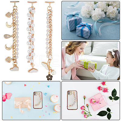 3Pcs 3 Style Pearl Plastic Beads Charms Link Chain Phone Case Double Chain Strap Set AJEW-WR0001-42-1