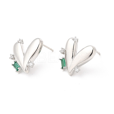 Green Cubic Zirconia Heart Stud Earrings EJEW-P213-13P-1