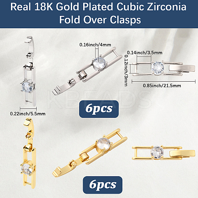 12Pcs 2 Colors Rack Plating Brass Micro Pave Clear Cubic Zirconia Fold Over Clasps KK-BBC0021-34-1