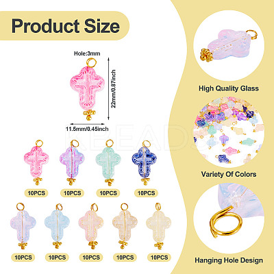 90Pcs 9 Colors Cross Transparent Spray Paint Glass Pendants PALLOY-TAC0169-1