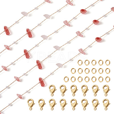3m Natural Rose Quartz Chips & ABS Plastic Imitation Pearl Beaded Chains Necklace Making Kits CHC-TA0001-30B-1