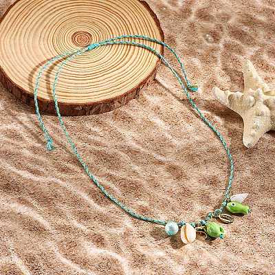 Summer Beach Porcelain Fish & Natural Cowrie Shell Pendant Cotton Cord Adjustable Necklaces FS-WG63638-04-1