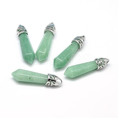 Bullet Platinum Plated Alloy Natural Green Aventurine Pointed Pendants G-F228-06G-RS-1