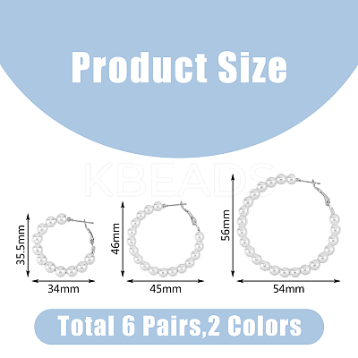 6 Pairs 6 Style Plastic Imitation Pearl Beaded Hoop Earrings with Iron Pins for Women EJEW-FI0002-10-1