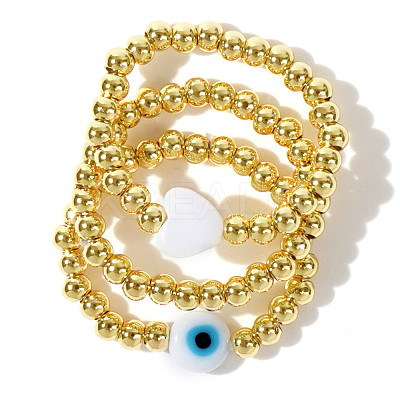 3Pcs 3 Styles Evil Eye & Heart Charm Brass &  Glass Beads Stretch Bracelet Set for Women SD2204-6-1