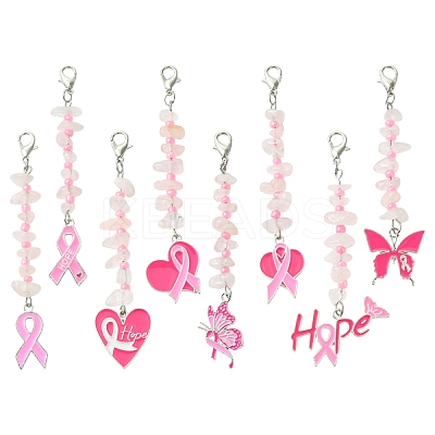 4Pcs October Breast Cancer Pink Awareness Ribbon Alloy Enamel Pendant Decoration HJEW-YW00081-01-1