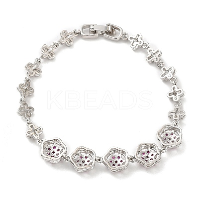 Medium Violet Red Cubic Zirconia Flower Link Bracelet BJEW-M296-03P-1