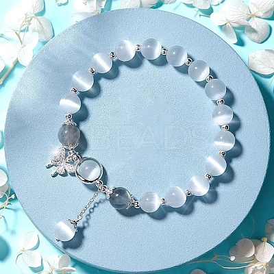 Butterfly Alloy & Cat Eye & Natural Moonstone Round Beaded Charm Bracelets for Women WG9D4EC-01-1