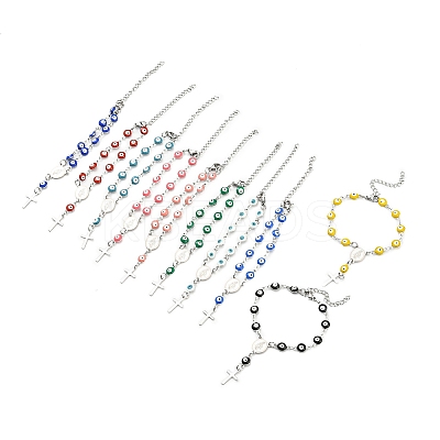 201 Stainless Steel Cross Charm Bracelet BJEW-A142-01P-1