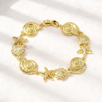 Summer Beach Brass Micro Pave Clear Cubic Zirconia Starfish & Shell Shape Link Chain Bracelets LS-BJEW-C118-02A-G-1