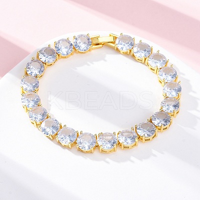 Brass Pave Clear Cubic Zirconia Flat Round Link Chain Bracelets for Women BJEW-A034-02G-1