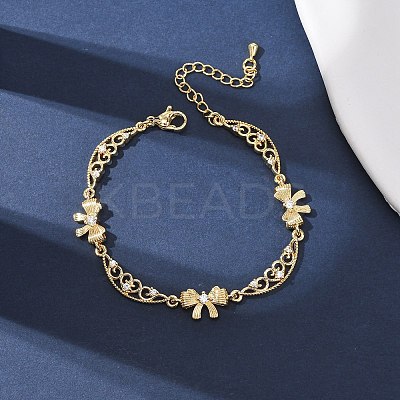 Brass Pave Clear Cubic Zirconia Bowknot and Hollow Moon Link Bracelets BJEW-D387-01G-1