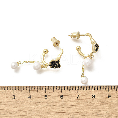 Ginkgo Leaf Brass Enamel & Plastic Imitation Pearl Dangle Stud Earrings LS-EJEW-A121-01G-1