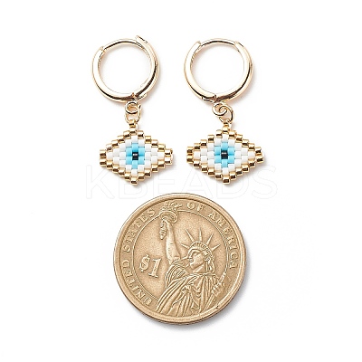 Japanese Seed Braided Rhombus with Evil Eye Dangle Hoop Earrings EJEW-MZ00002-01-1