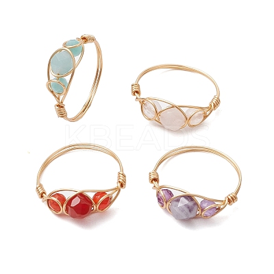4Pcs Round Natural Rose Quartz & Amethyst & Fluorite & Carnelian & Amazonite & Red Agate Finger Ring RJEW-JR00756-S-1