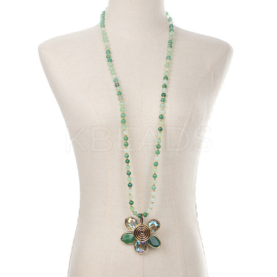 Glass Round Beaded Alloy Flower Pendant Long Necklaces for Women FS-WG02E2E-04-1