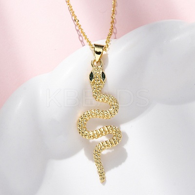 Brass Micro Pave Green Cubic Zirconia Snake Pendant Necklaces NJEW-S438-02E-G-1
