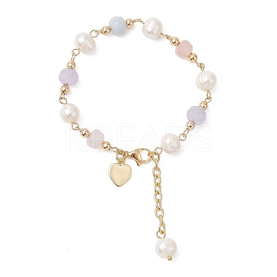 Round Natural Cultured Freshwater Pearl & Natural Lavender Amethyst & Aquamarine & Madagascar Rose Quartz Beaded Link Bracelets for Women BJEW-JB12807-1