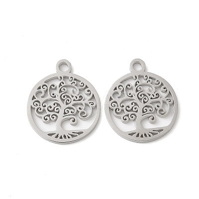 304 Stainless Steel Flat Round with Laser Cut Tree of Life Charms STAS-L022-512P-1
