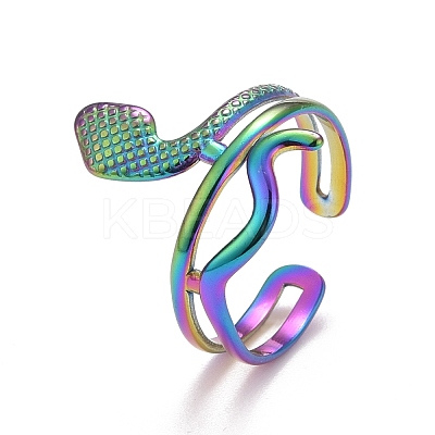 Rainbow Color Ion Plating(IP) 304 Stainless Steel Snake Chunky Open Cuff Ring for Women RJEW-A005-38MC-1