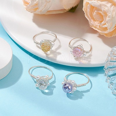 Round Glass & Shell Pearl Finger Rings RJEW-JR00795-1