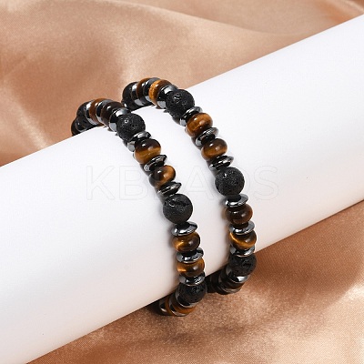 Tiger Eye with Hematite Partition and Lava Beaded Stretch Bracelets for Women Men BJEW-Q031-02A-1