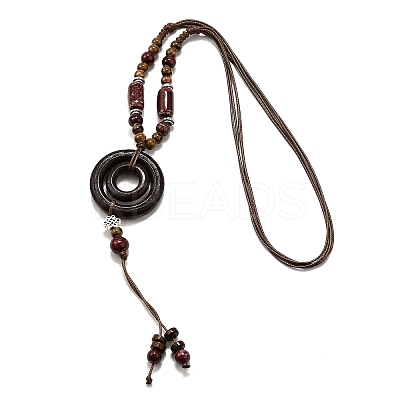 Ethnic Style Alloy & Porcelain Ceramic Beads & Wood Ring Pendant Tassel Y Necklaces NJEW-D308-02-1