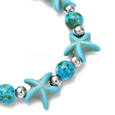 Starfish Synthetic Turquoise Beads & Brass Beads Stretch Bracelets BJEW-JB12417-03-1