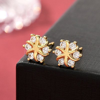 Flower Brass Micro Pave Clear Cubic Zirconin Stud Earrings EJEW-D318-10G-1