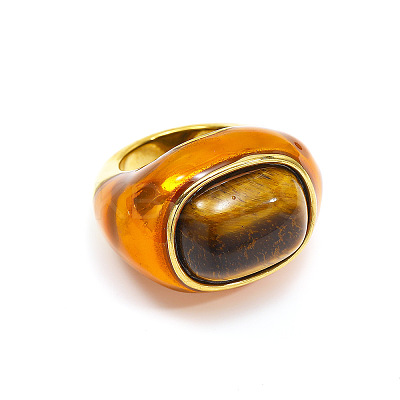 Oval 304 Stainless Steel with Natural Tiger Eye Finger Rings FS-WGC5475-03-1