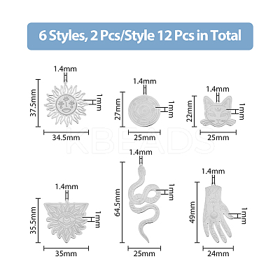 12Pcs 6 Styles 201 Stainless Steel Pendants STAS-DC0013-90-1