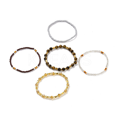 5Pcs 5 Style Natural Frosted Tiger Eye & Synthetic Hematite & Glass Sead Beads Stretch Bracelets Set BJEW-JB07670-01-1