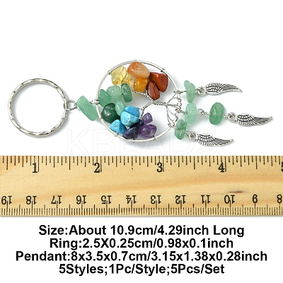5Pcs 5 Styles Natural & Synthetic Gemstone Chips Tree of Life with Alloy Wings Pendant Keychain KEYC-FZ00022-1