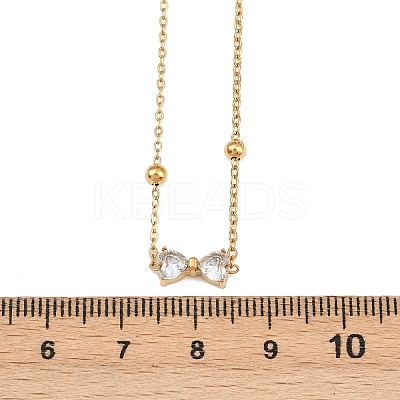 304 Stainless Steel Pave Clear Cubic Zirconia Bowknot Pendant Necklaces for Women NJEW-G179-08G-1