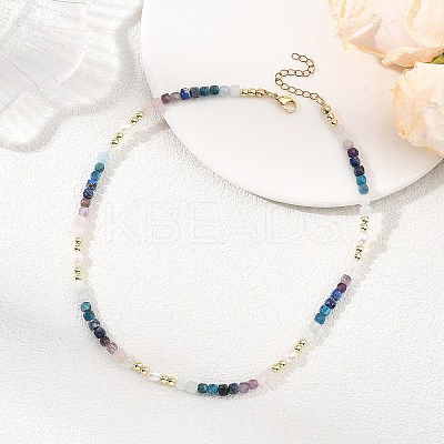 Natural Apatite & Aquamarine & Amethyst & Rose Quartz & Lapis Lazuli Faceted Cube and Pearl Beaded Necklaces NJEW-JN06302-1