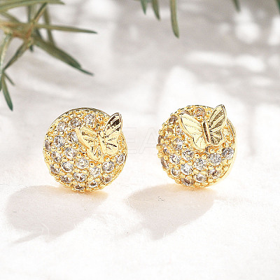 Flat Round with Butterfly Brass Micro Pave Clear Cubic Zirconia Stud Earrings EJEW-H162-02G-1