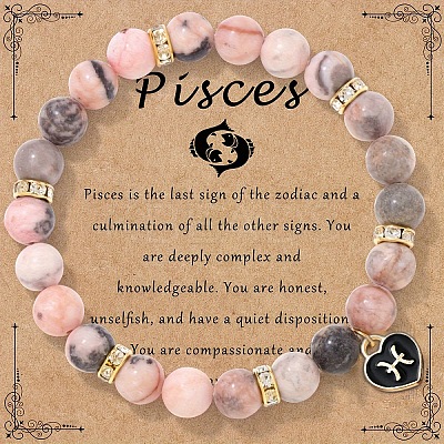 12 Constellations Natural Zebra Jasper Round Beaded with Enamel Heart Charm Bracelets WGB6967-02-1