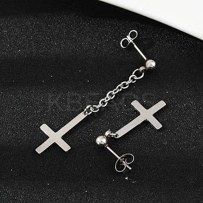 Christian Upside Down Cross 201 Stainless Steel Dangle Stud Earrings EJEW-P314-01C-P-1