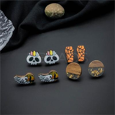 Halloween Tombstone Ghost Skull Wood Stud Earring Sets EJEW-OY002-01-1