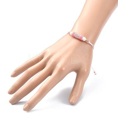 Glass Pearl & Seed Column with Heart Link Bracelet BJEW-MZ00028-01-1