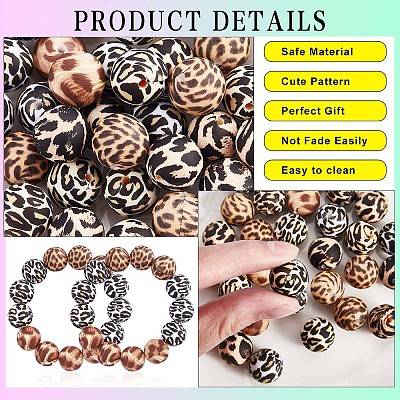 60 Pcs 15mm Silicone Beads Loose Silicone Beads Kit Leopard Print Silicone Beads for Keychain Making Bracelet Necklace JX309A-1