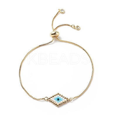 Japanese Seed Braided Rhombus with Evil Eye Link Slider Bracelet BJEW-MZ00001-01-1
