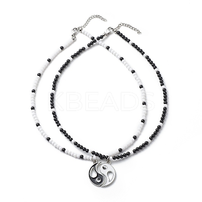 2Pcs 2 Colors Alloy Enamel Gossip/Yin Yang Matching Pendant Necklaces Set NJEW-JN04089-1