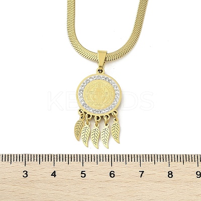 201 Stainless Steel Clear Cubic Zirconia Flat Round Saint Benedict Medal with Feather Pendant Necklaces NJEW-H055-03G-1