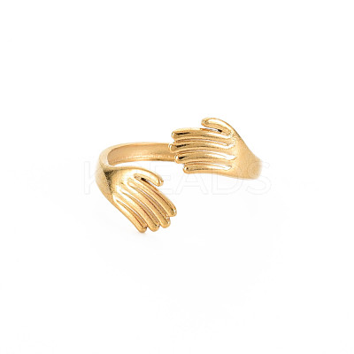Ion Plating(IP) 304 Stainless Steel Double Hand Hug Open Cuff Ring for Women RJEW-S405-199G-1